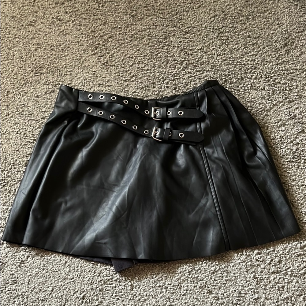 Black Faux Leather Mini Skort with Buckle Detail